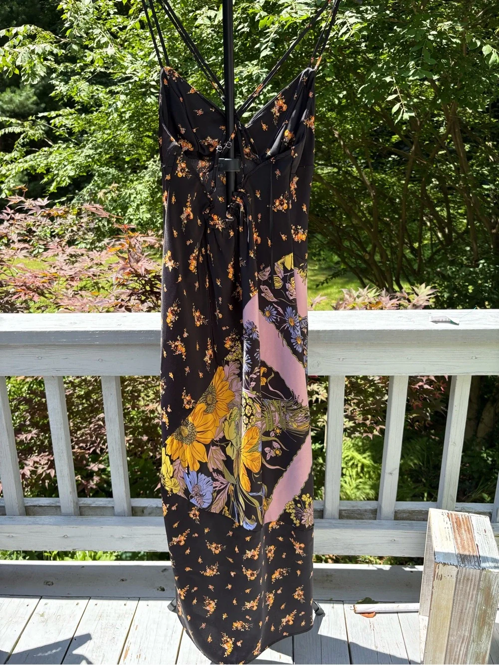 Urban Outfitters Black Floral Slip Dress with Pink Diagonal Panel